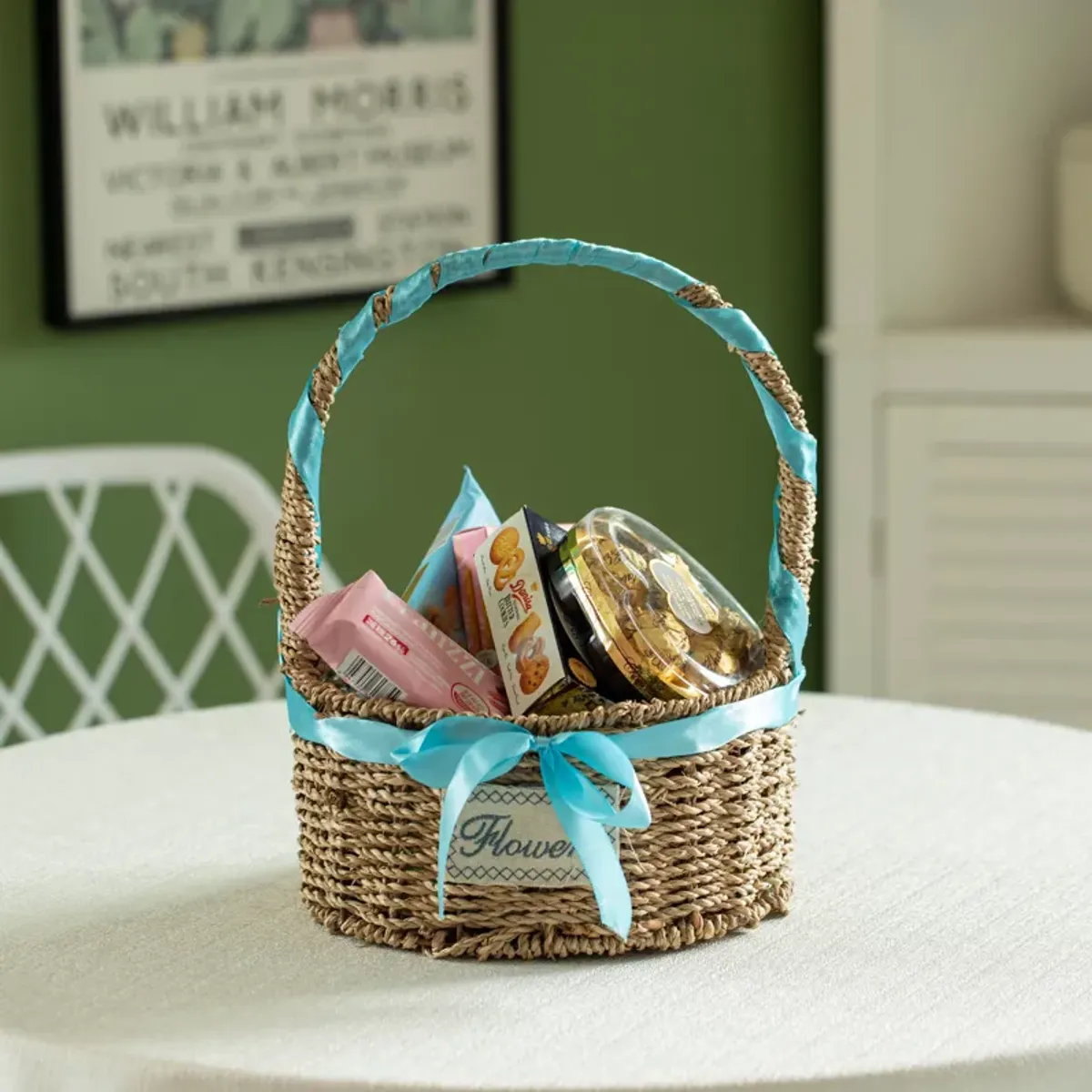 Wickerwise Small Seagrass Wicker Picnic Basket with Handle - Versatile Gift Basket with Blue Ribbon for New Year and Other Occasions, Garden and Home Decor, Natural Wicker Basket and Storage Solution