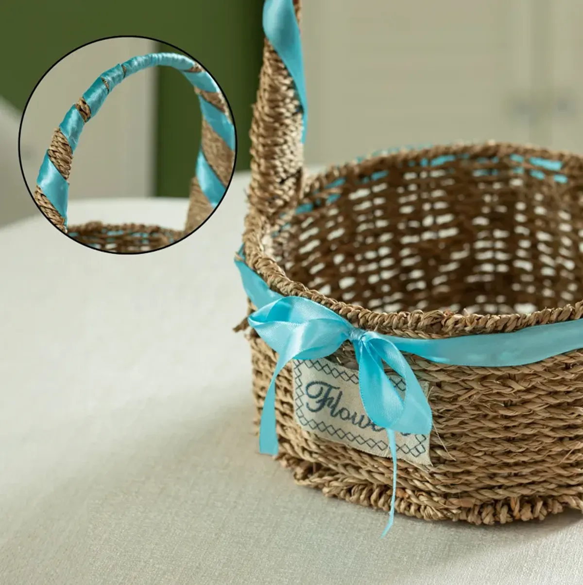 Wickerwise Small Seagrass Wicker Picnic Basket with Handle - Versatile Gift Basket with Blue Ribbon for New Year and Other Occasions, Garden and Home Decor, Natural Wicker Basket and Storage Solution