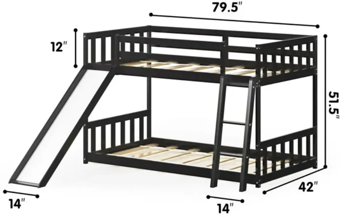 Hivvago Twin over Twin Bunk Wooden Low Bed with Slide Ladder for Kids