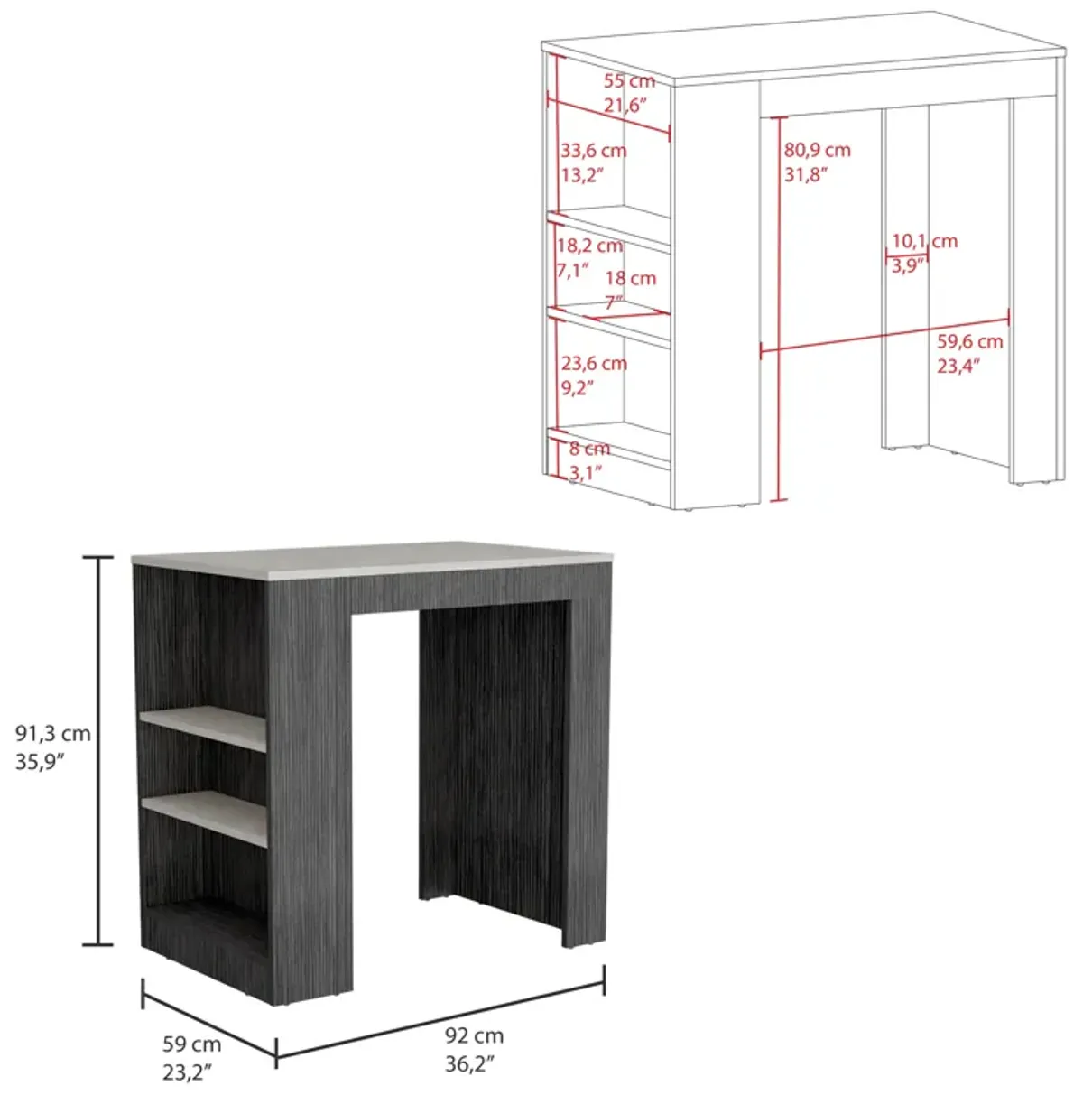 Portree Kitchen & Dining room Island with 3-Side Shelves -Smokey Oak / Ibiza Marble