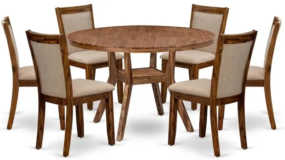 7-Pc Kitchen Set Of A Pedestal Breakfast Table, 6 Light Tan Fabric Padded Chairs