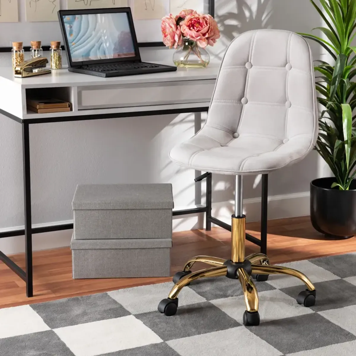 Baxton Studio Kabira and Luxe Grey Velvet Fabric and Gold Metal Swivel Office chair