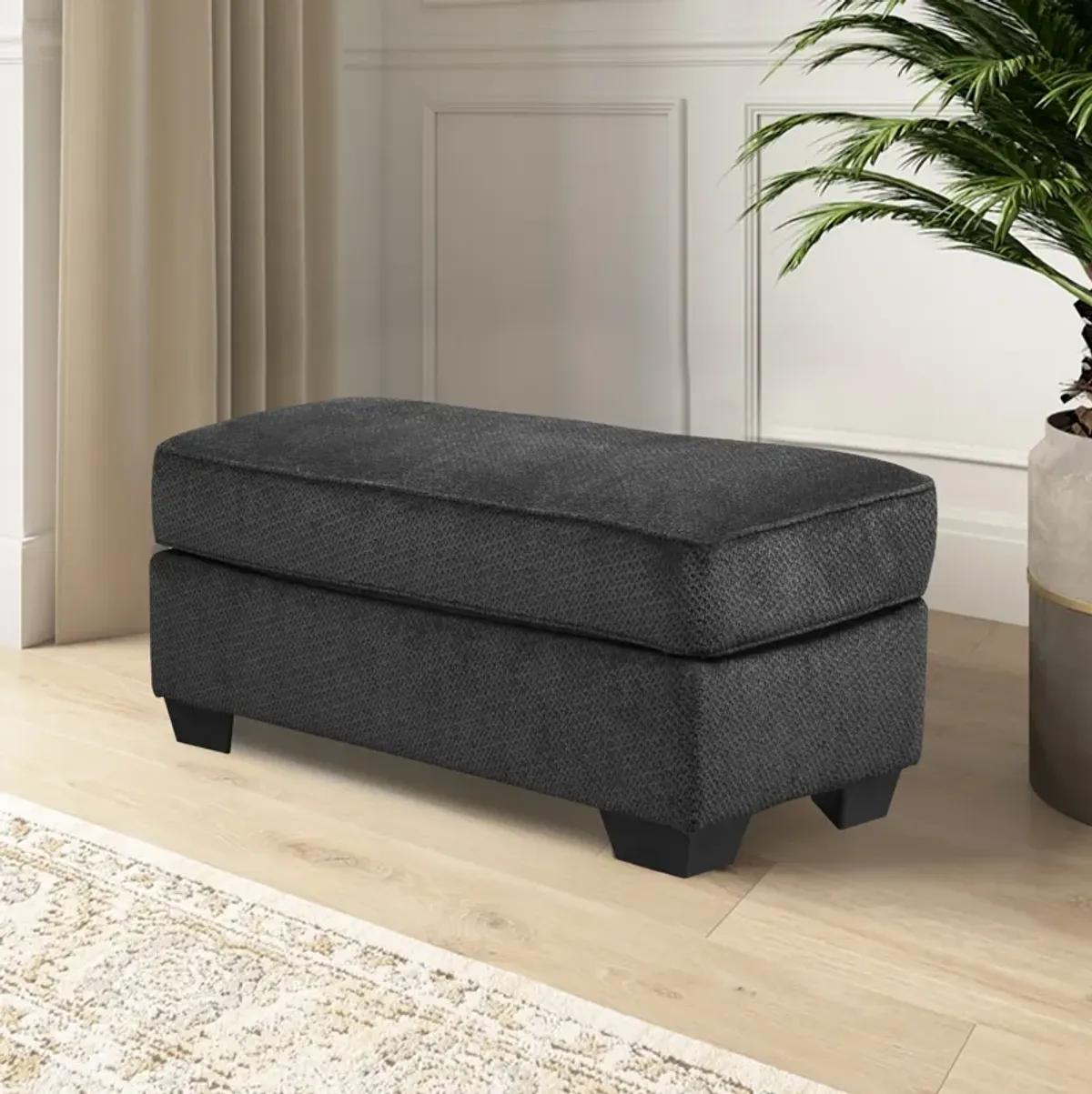 Rectangular Textured Fabric Upholstered Ottoman, Charcoal Gray-Benzara