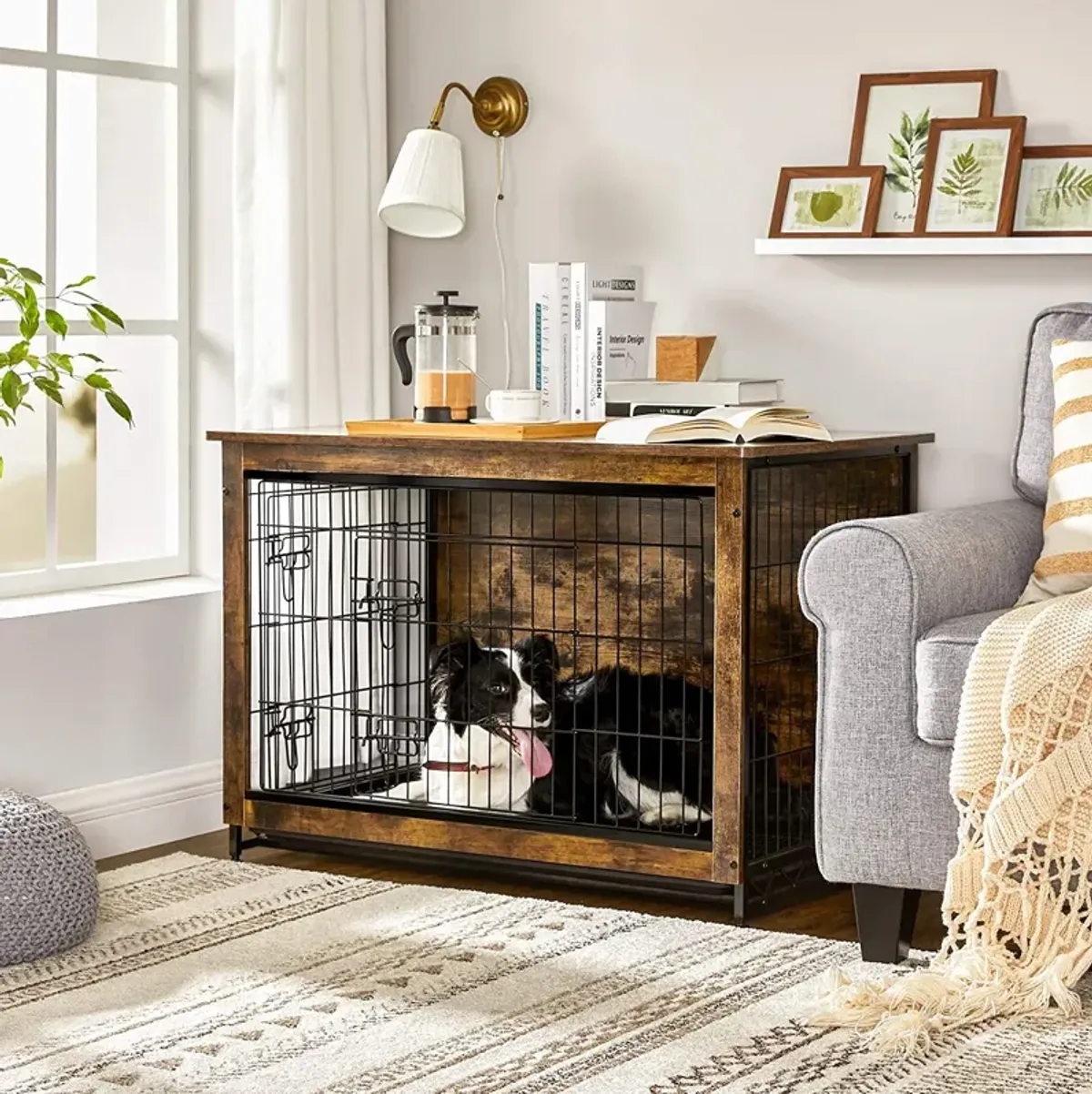 Wooden Dog Crate - Indoor Pet Crate End Table with Removable Tray