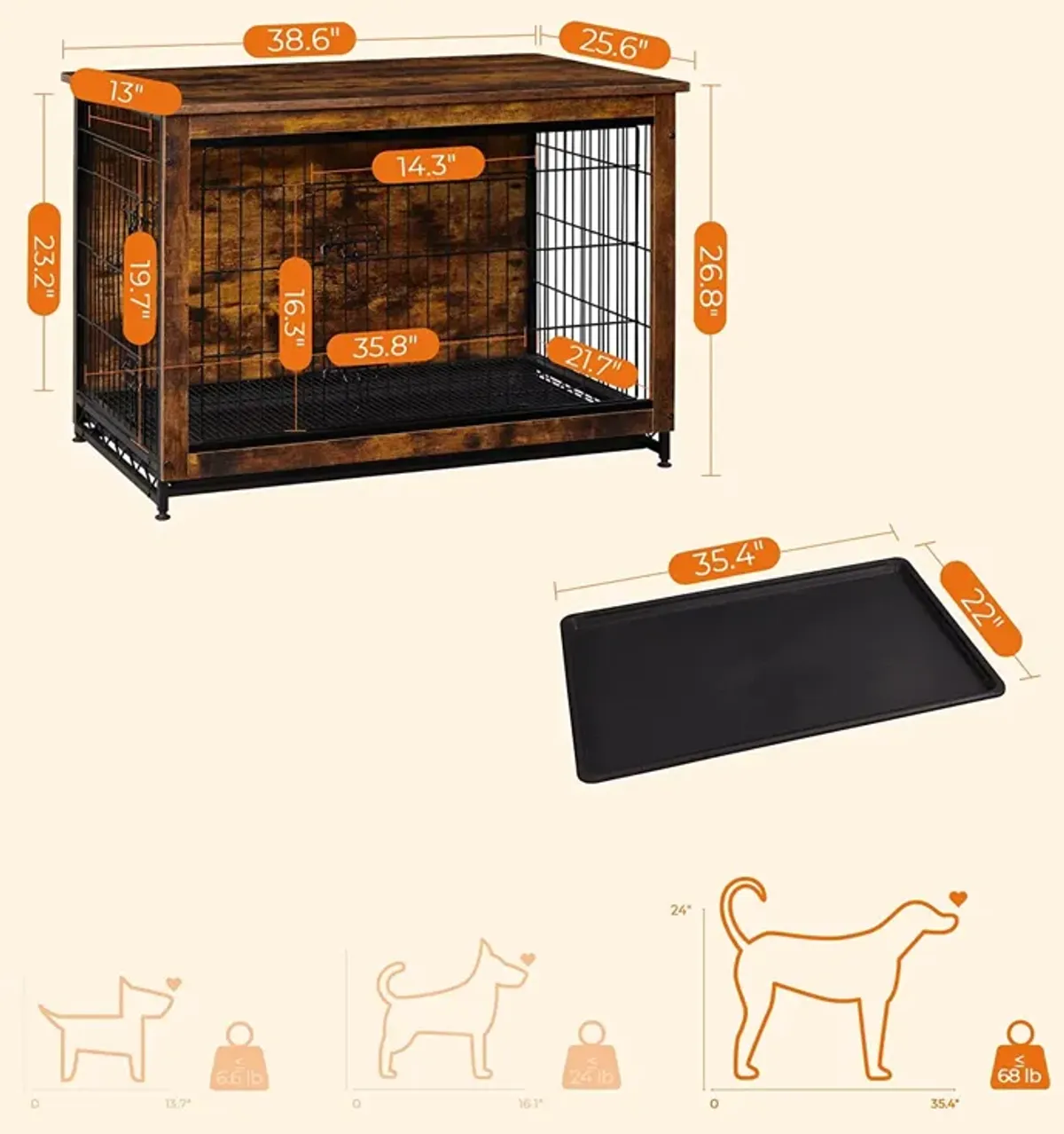 Wooden Dog Crate - Indoor Pet Crate End Table with Removable Tray