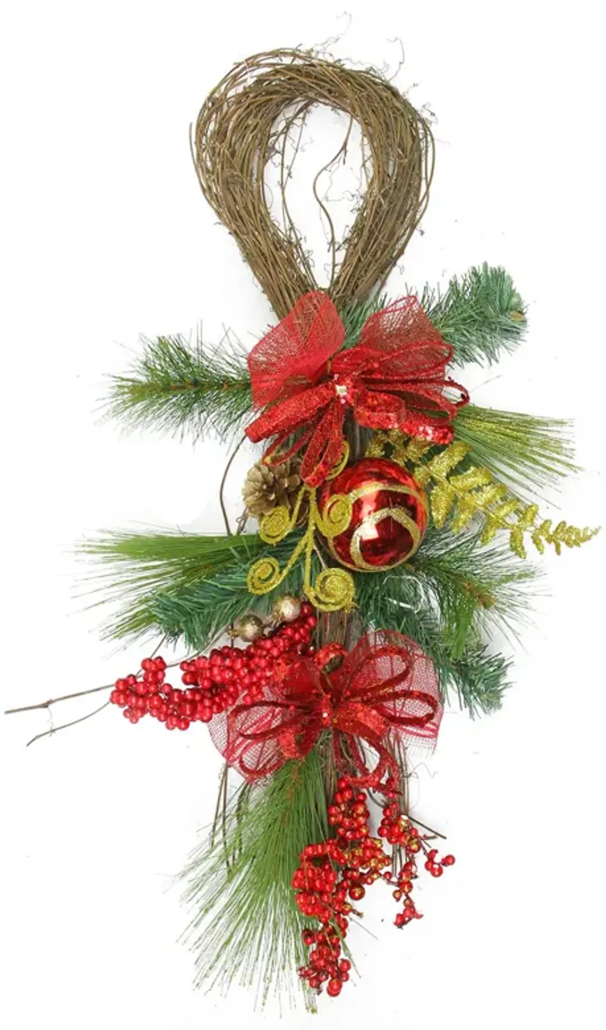 26" Long Needle Pine and Berry Artificial Christmas Teardrop Swag  Unlit