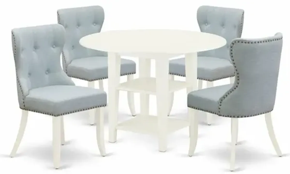 East-West Furniture SUSI5-LWH-15 - A dinette set of 4 wonderful parson dining chairs with Linen Fabric Baby Blue color and a stunning wood kitchen table with Linen White color