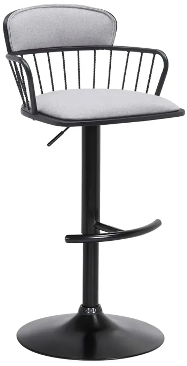 Nish 25-33 Inch Adjustable Barstool Chair, Light Gray Fabric, Black Frame - Benzara