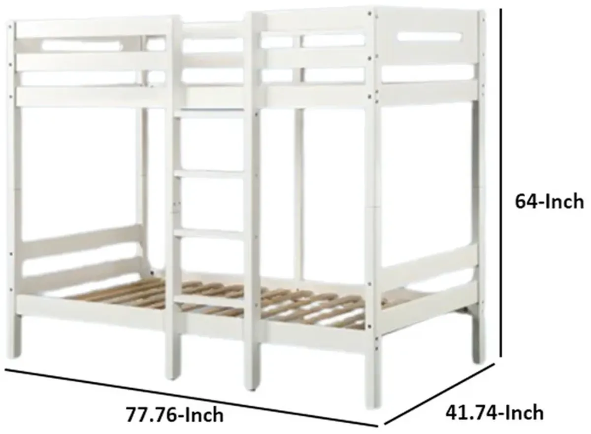 Asin Twin Bunk Bed with Front Facing Ladder, Pine Wood, Crisp White Finish - Benzara