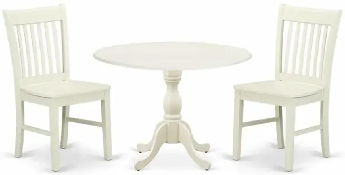 East West Furniture DMNF3-LWH-W 3 Piece Dining Table Set Consists of 1 Drop Leaves Dining Room Table and 2 Linen White Mid Century Chair with Slatted Back - Linen White Finish