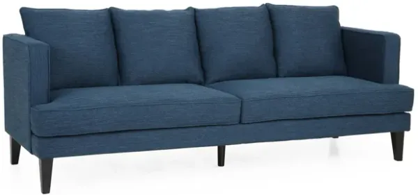 Lara Sofa, 4 Throw Pillows, Blue Polyester Upholstery, Black Wood, 86 Inch - Benzara