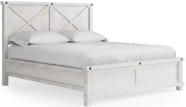 Liu California King Bed, Rough Hewn, Storage, Crossbuck Headboard, White - Benzara