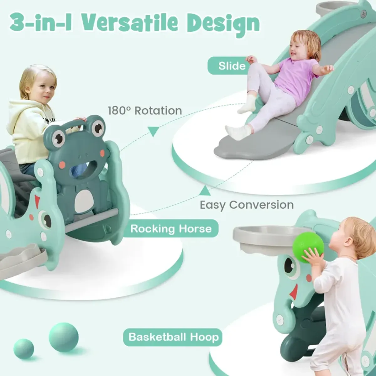 3-in-1 Kids Slide Rocking Horse Set Convertible Toddler Slide with Basketball Hoop