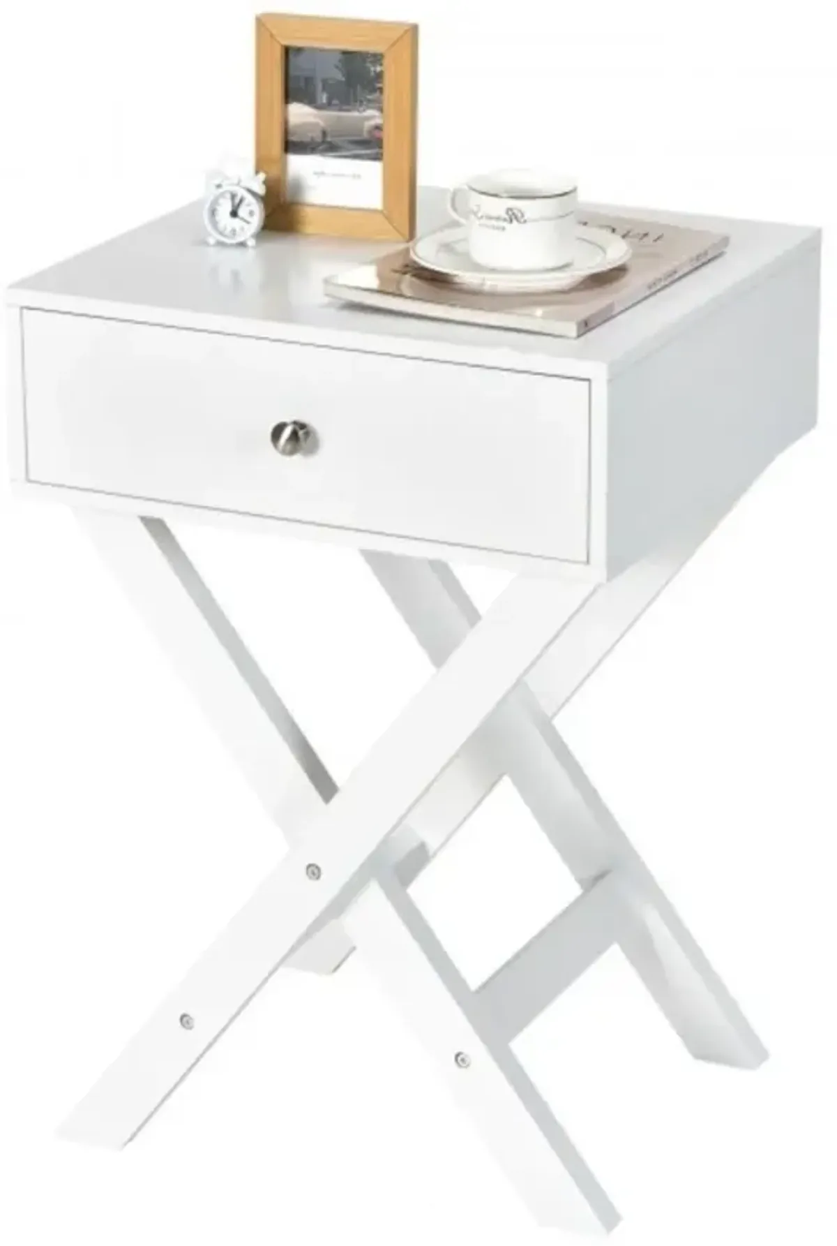 Hivvago Retro White X-Shape 1 Drawer Nightstand Coffee Table