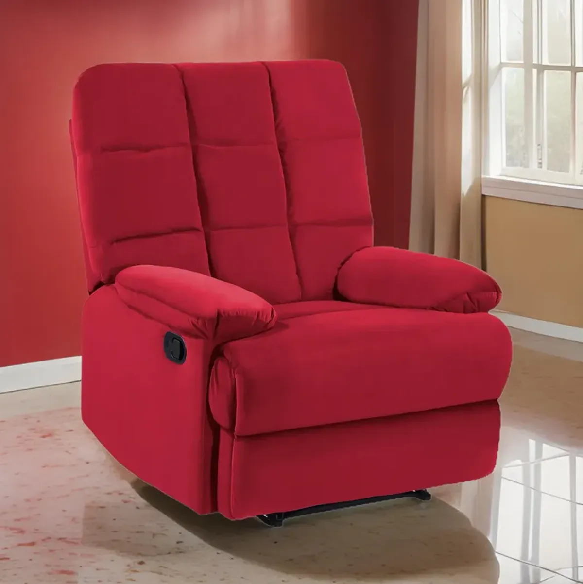 Patty 36 Inch Manual Recliner Chair, Soft Cushion, Red Velvet, Solid Wood - Benzara