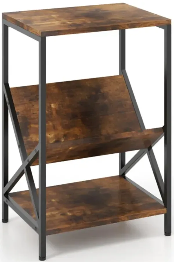 Hivvago 3-Tier Industrial Side Table with V-shaped Bookshelf for Living Room-Rustic Brown