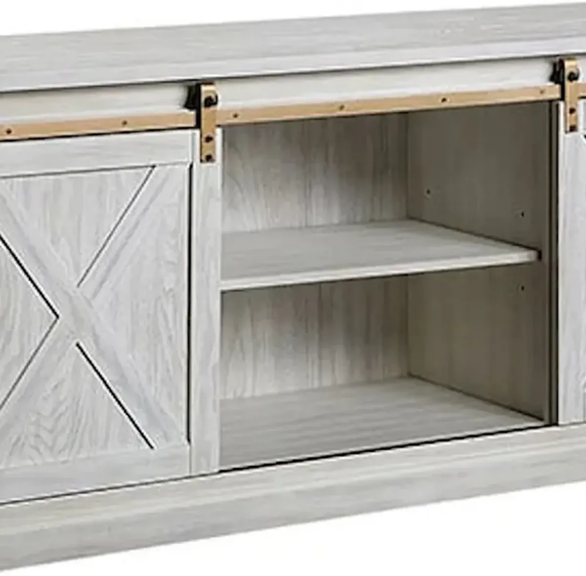 Bego 72 Inch TV Entertainment Console, Sliding Barn Door, Shelves, White - Benzara