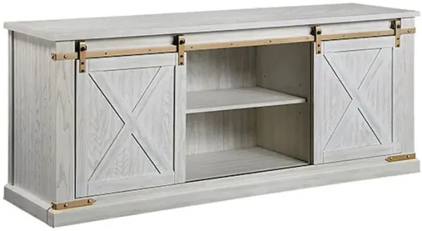Bego 72 Inch TV Entertainment Console, Sliding Barn Door, Shelves, White - Benzara