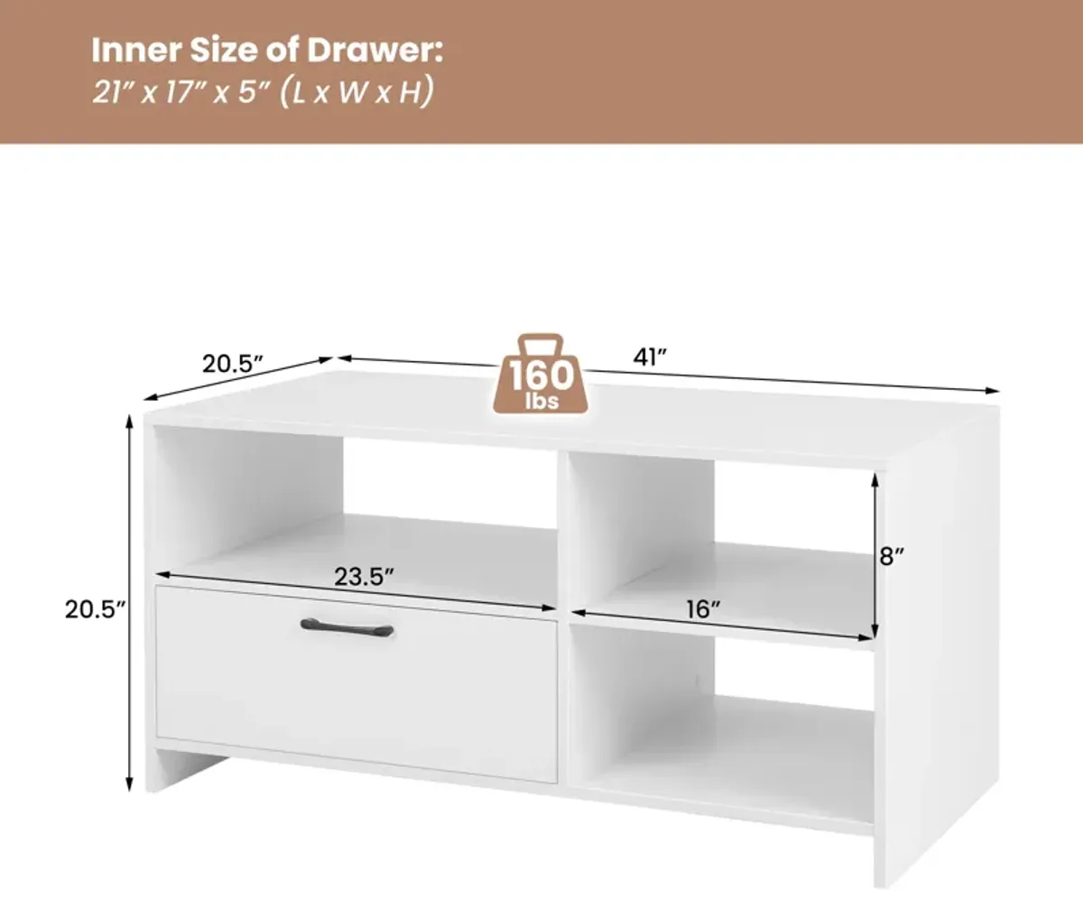 Modern Media Console Table with 3 Open Compartments and 1 Storage Drawer-White