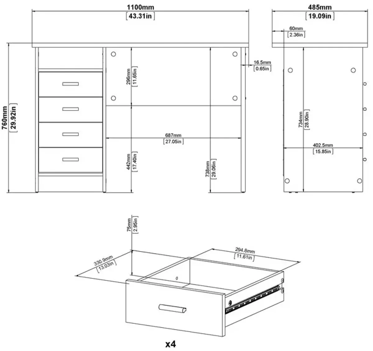 Tvilum Warner Desk with 4 Drawers, Light Woodgrain