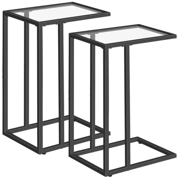 HOOBRO C Shaped End Table Set of 2, Tempered Glass Snack Side Table with Metal Frame, TV Tray Table for Small Space, Sofa Couch