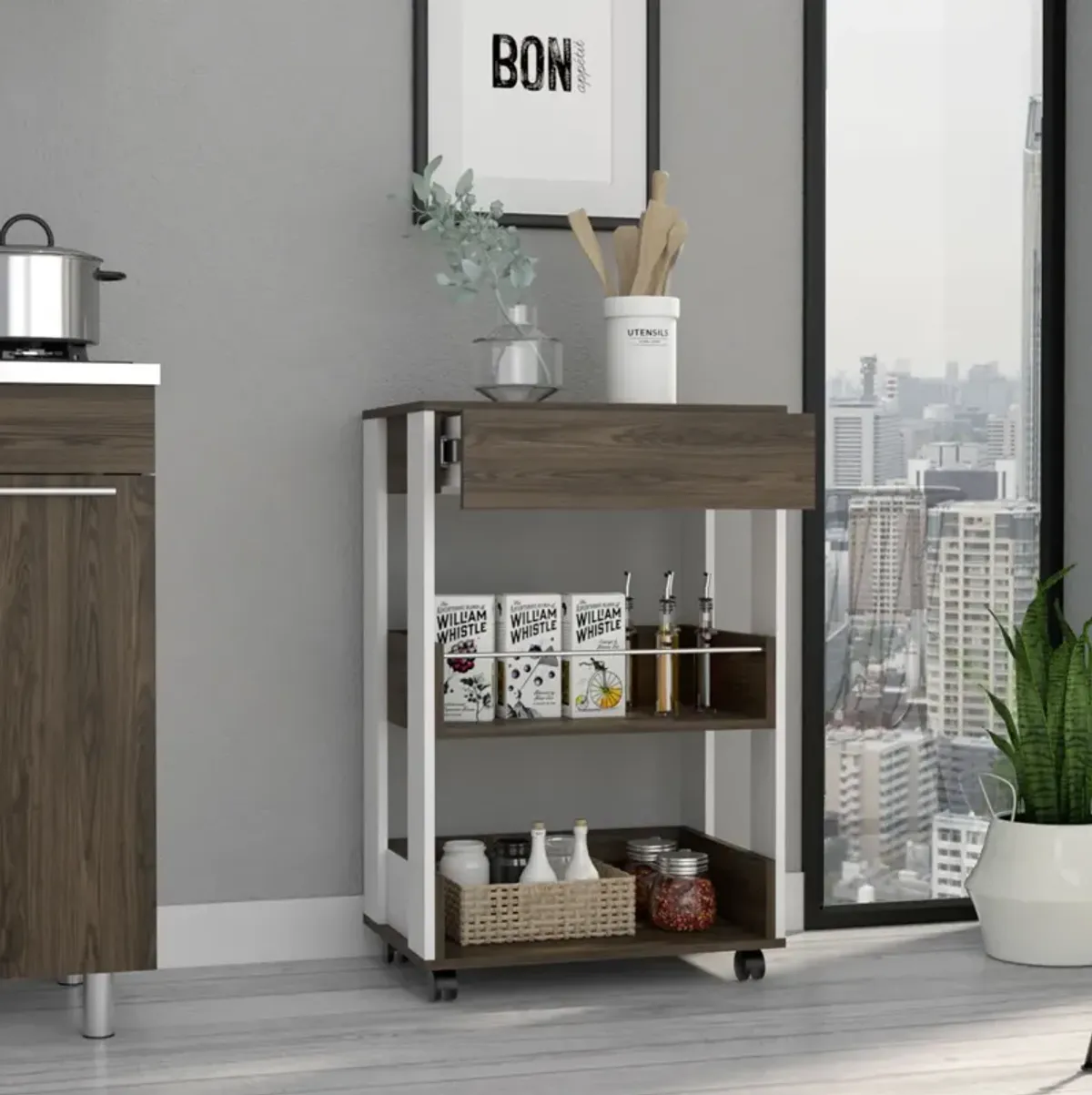 Verona Kitchen Cart, Three Shelves, Four Casters - White Dark Walnut