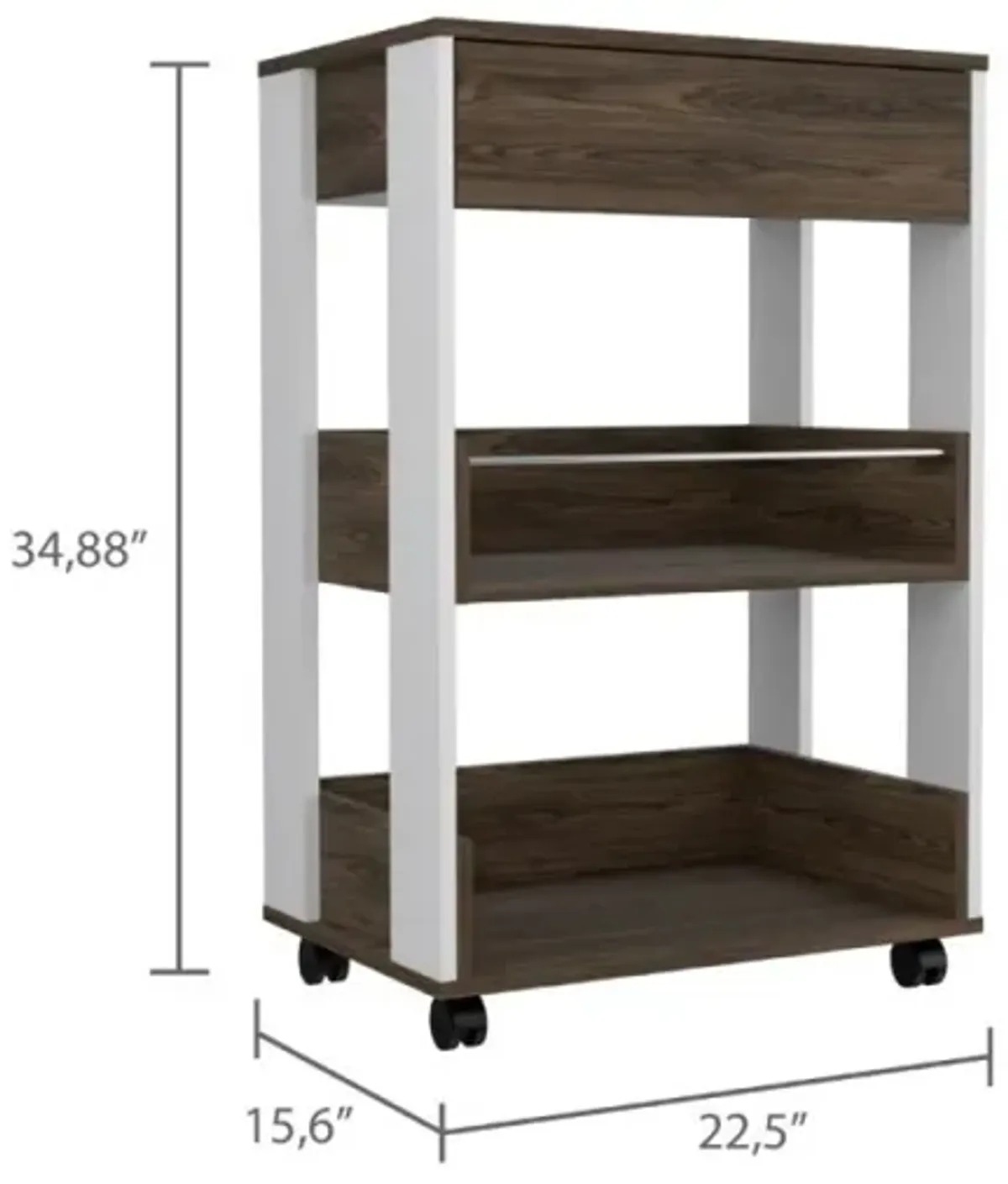 Verona Kitchen Cart, Three Shelves, Four Casters - White Dark Walnut