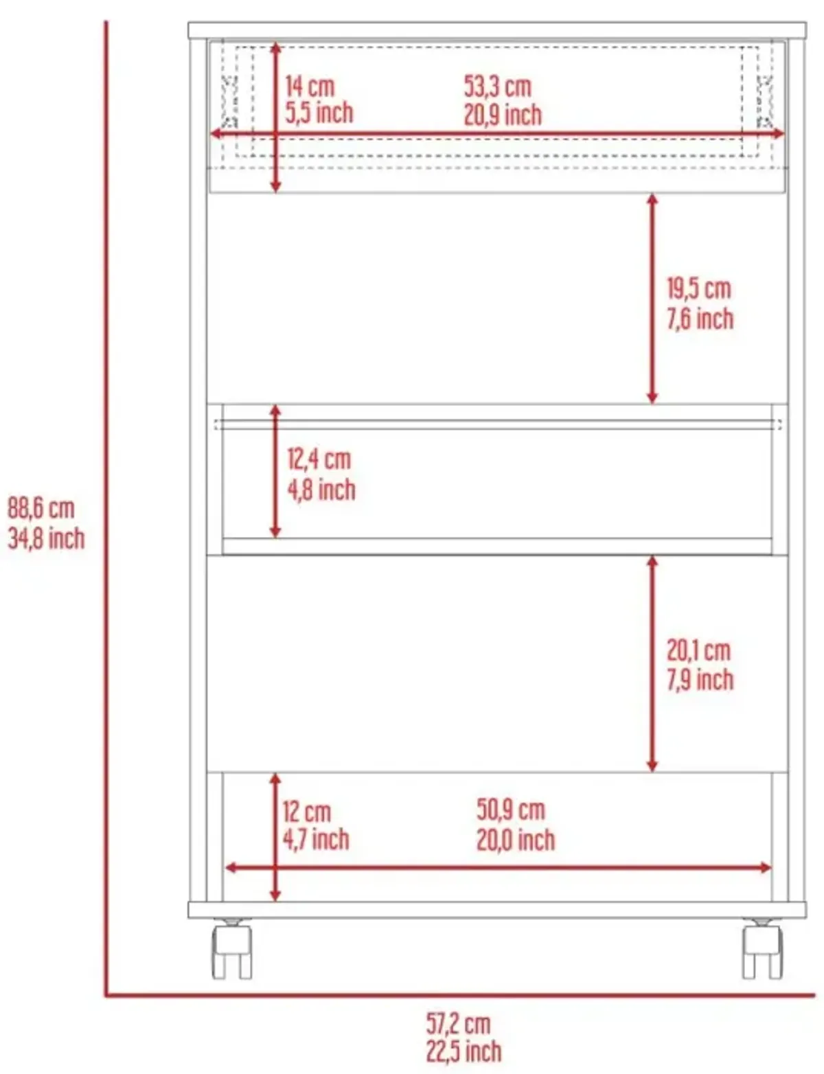 Verona Kitchen Cart, Three Shelves, Four Casters - White Dark Walnut