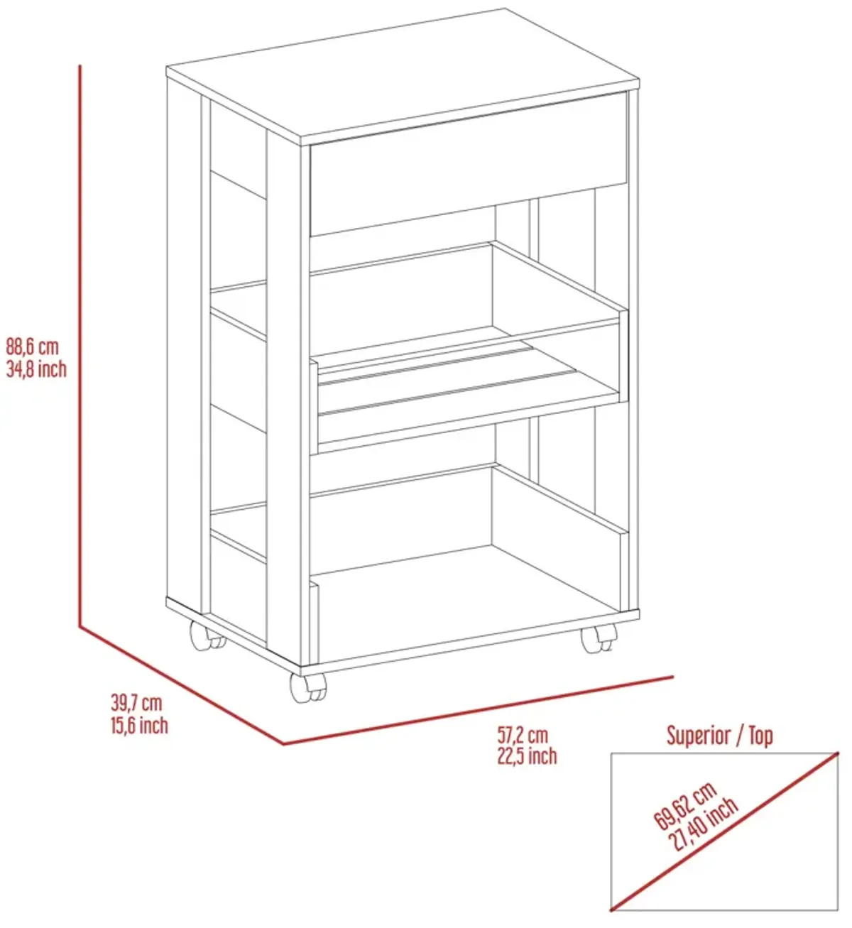 Verona Kitchen Cart, Three Shelves, Four Casters - White Dark Walnut