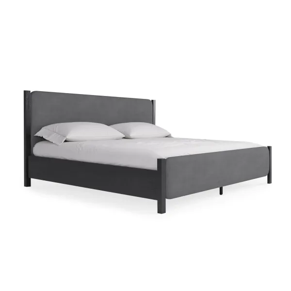 Cave California King Bed, Velvet Upholstery, Posts, Gray Mahogany Wood - Benzara
