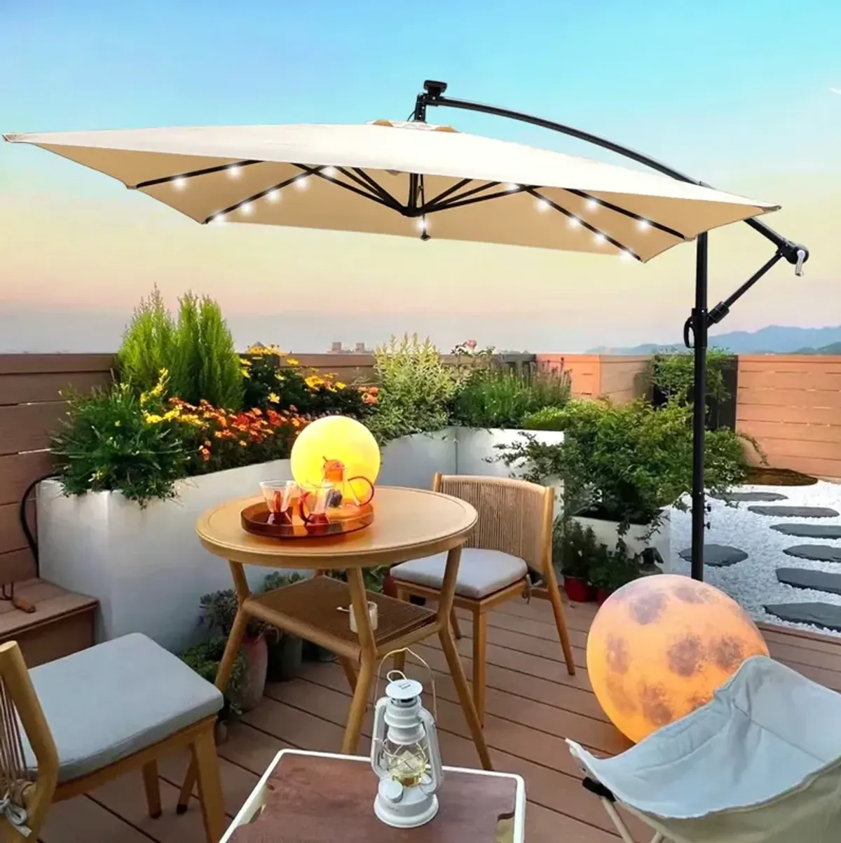 Solar Powered LED Patio Umbrella with Crank & Base