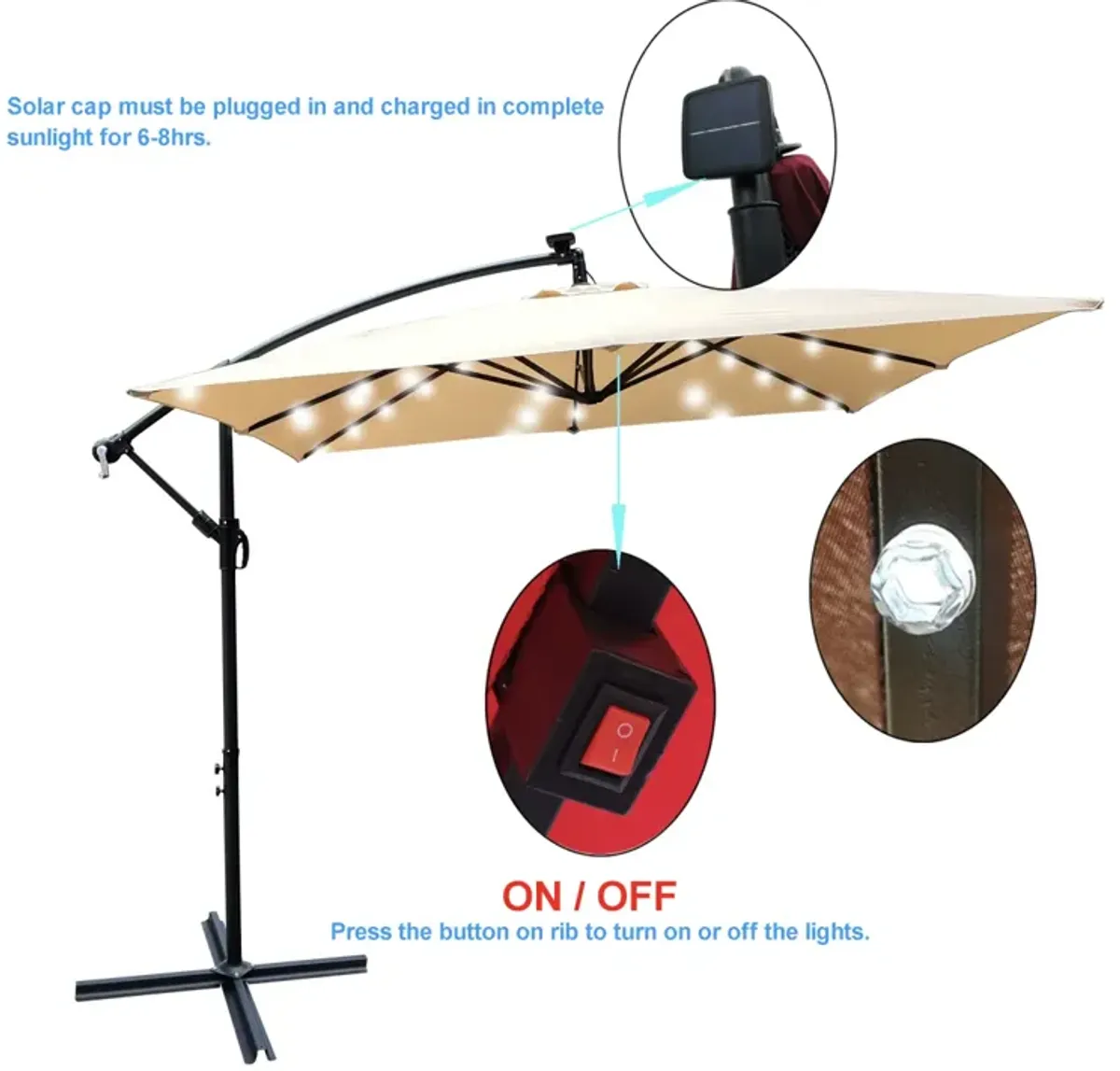 Solar Powered LED Patio Umbrella with Crank & Base