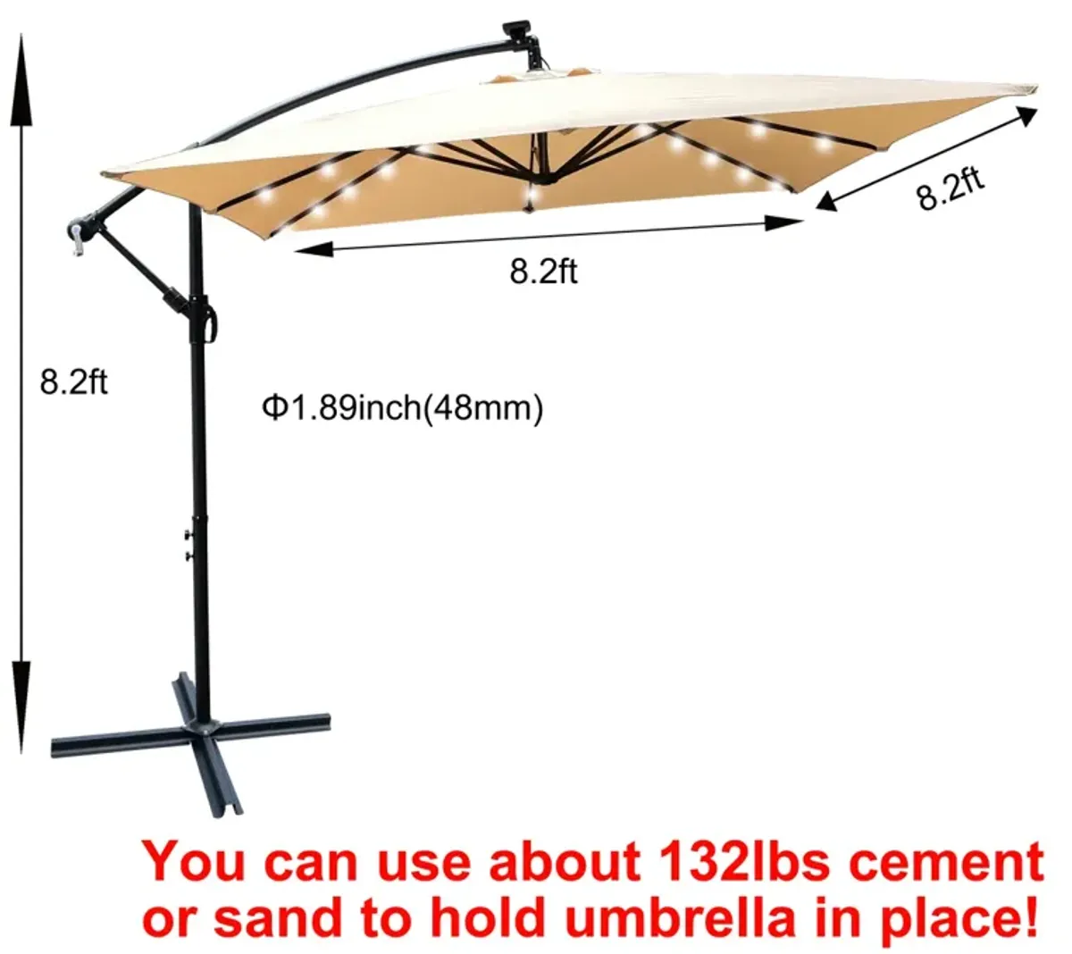 Solar Powered LED Patio Umbrella with Crank & Base