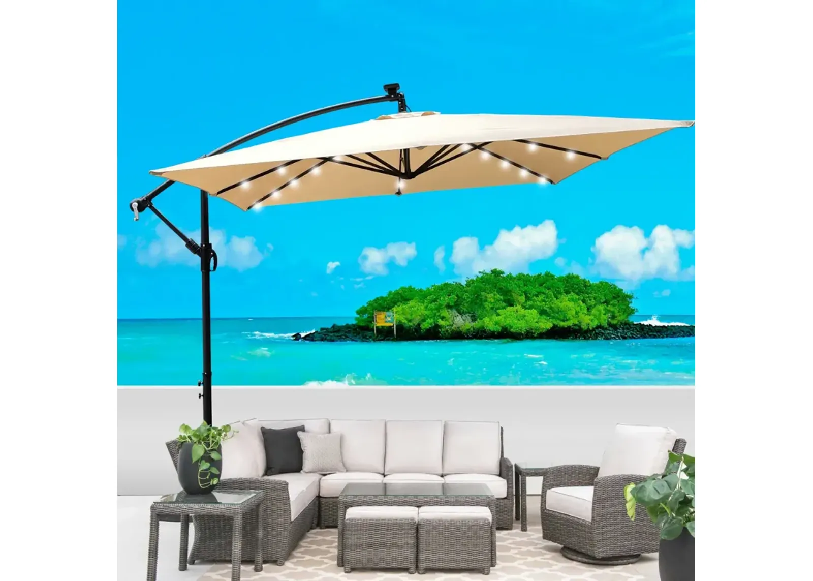 Solar Powered LED Patio Umbrella with Crank & Base