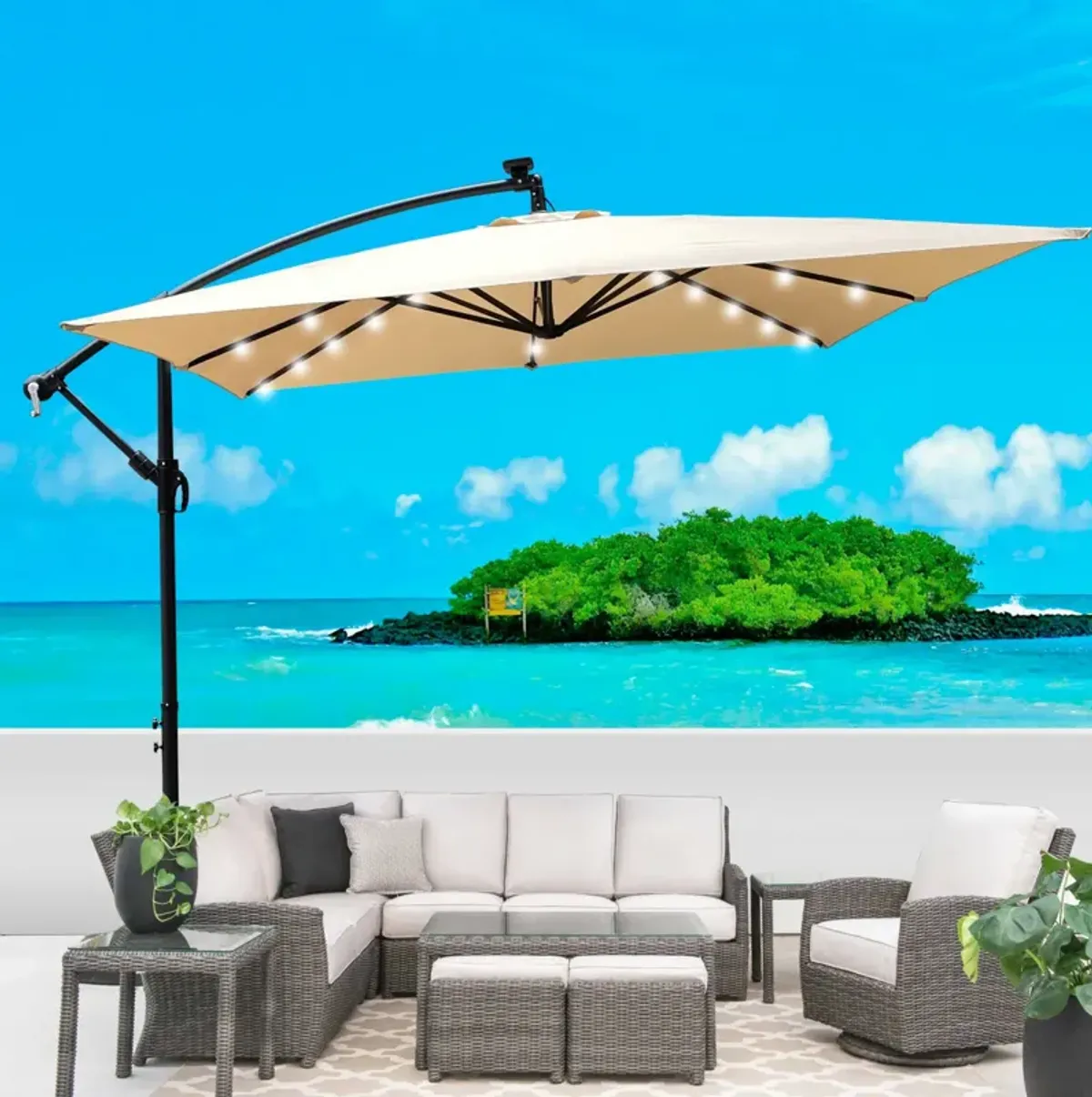 Solar Powered LED Patio Umbrella with Crank & Base