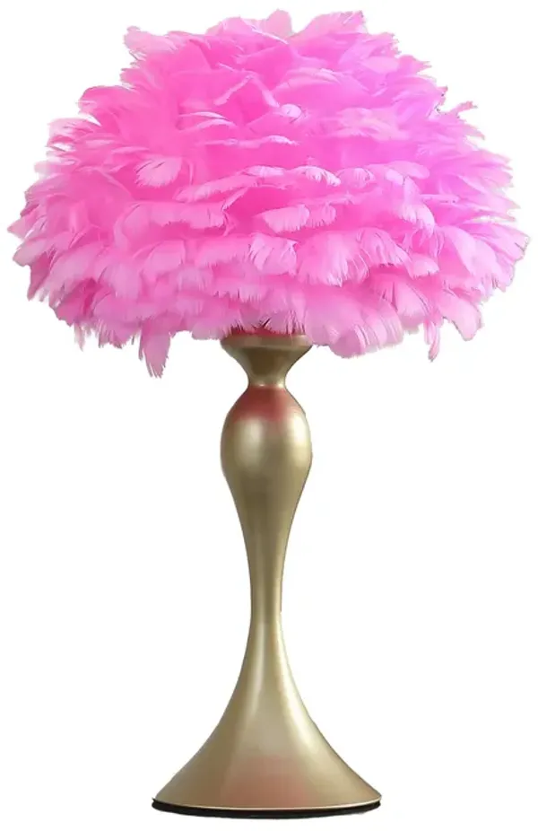 Lily 24 Inch Metal Glam Feather Table Lamp, Candlestick, 40W, Pink, Red - Benzara
