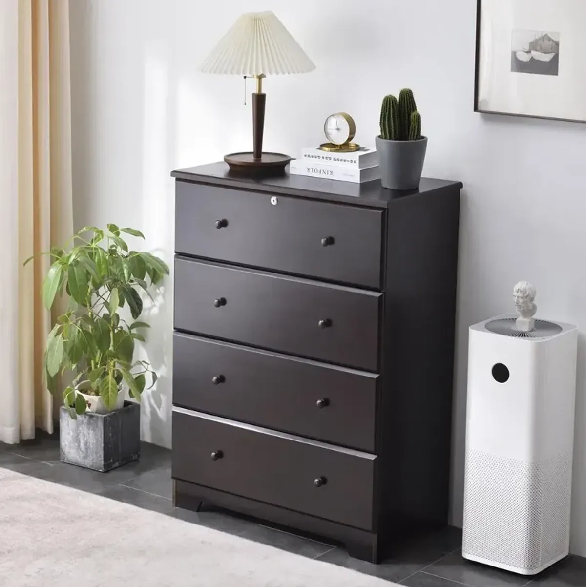 Better Home Products Isabela Solid Pine Wood 4 Drawer Chest Dresser in Tobacco