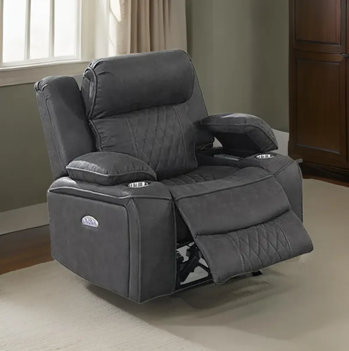 Xiu 38 Inch Power Recliner Chair, USB Port, Storage, Gray Faux Leather-Benzara