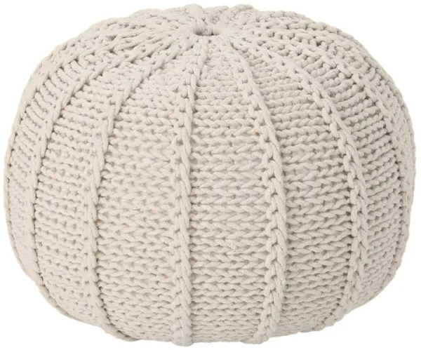 Round Knitted Pouf Ottoman, Handwoven Details, 20 Inch Beige Cotton - Benzara