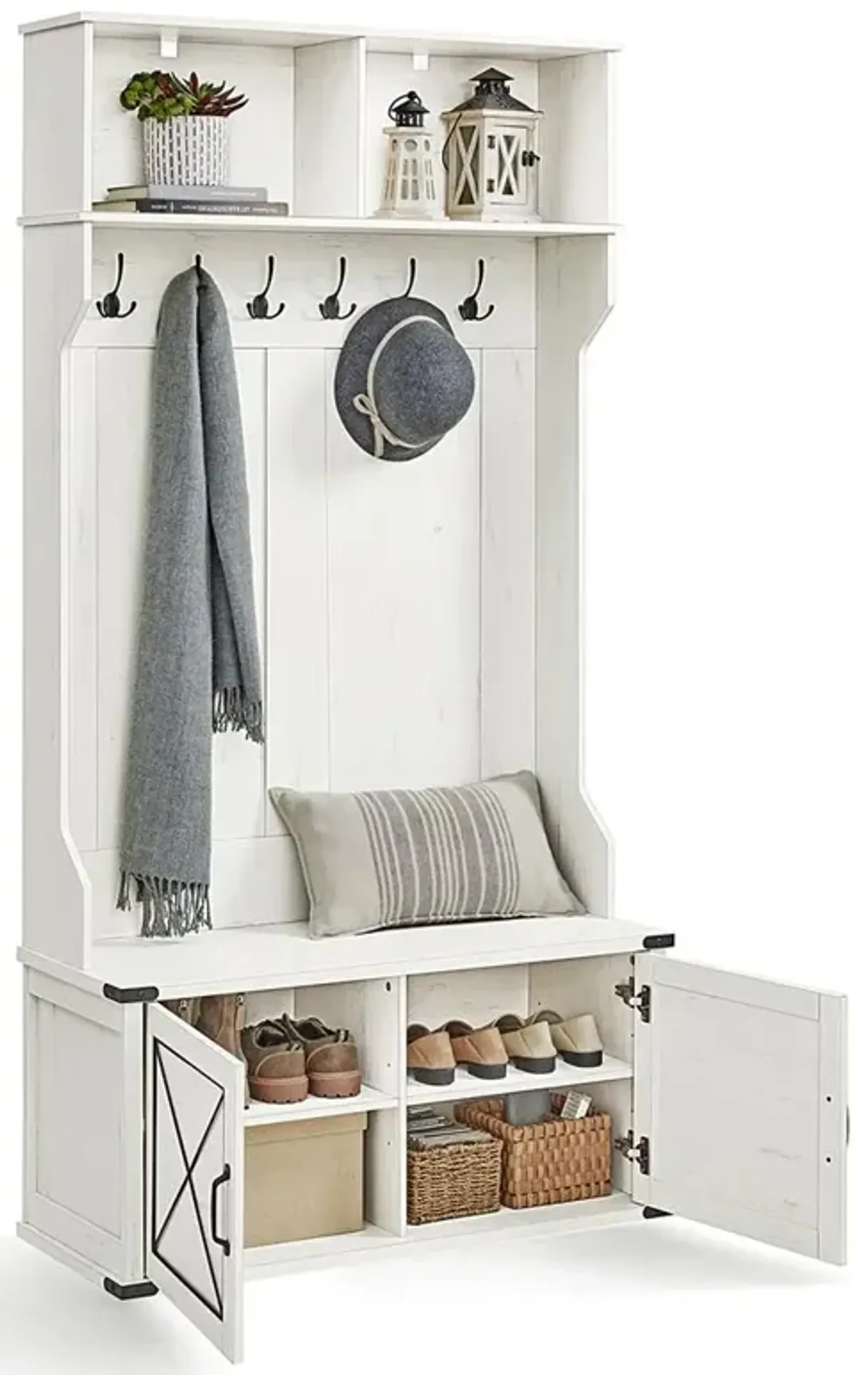 Rustic Farmhouse Hall Tree with Storage Bench & Coat Hooks