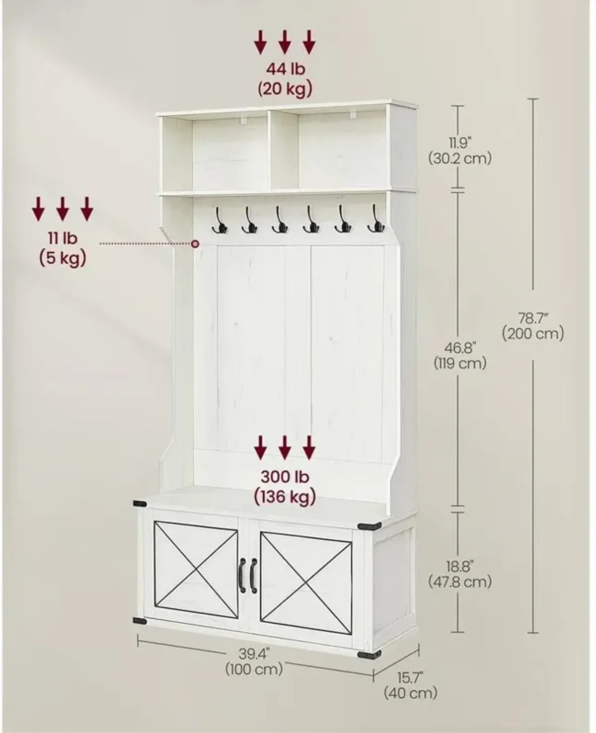 Rustic Farmhouse Hall Tree with Storage Bench & Coat Hooks