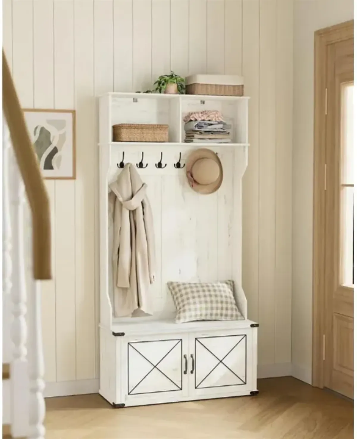 Rustic Farmhouse Hall Tree with Storage Bench & Coat Hooks