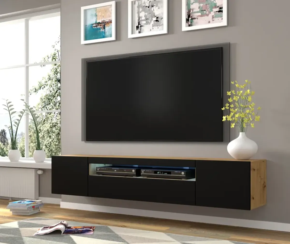 TV Stand Aura 78.74 in Natural Artisan Oak / Black Matt