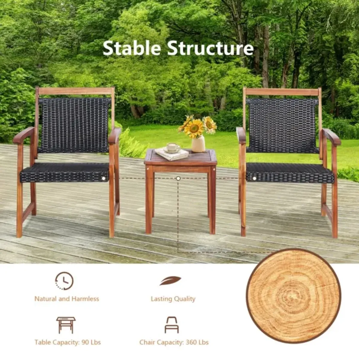 Hivvago 3 Pieces Rattan Bistro Set with Acacia Wood Frame for Garden