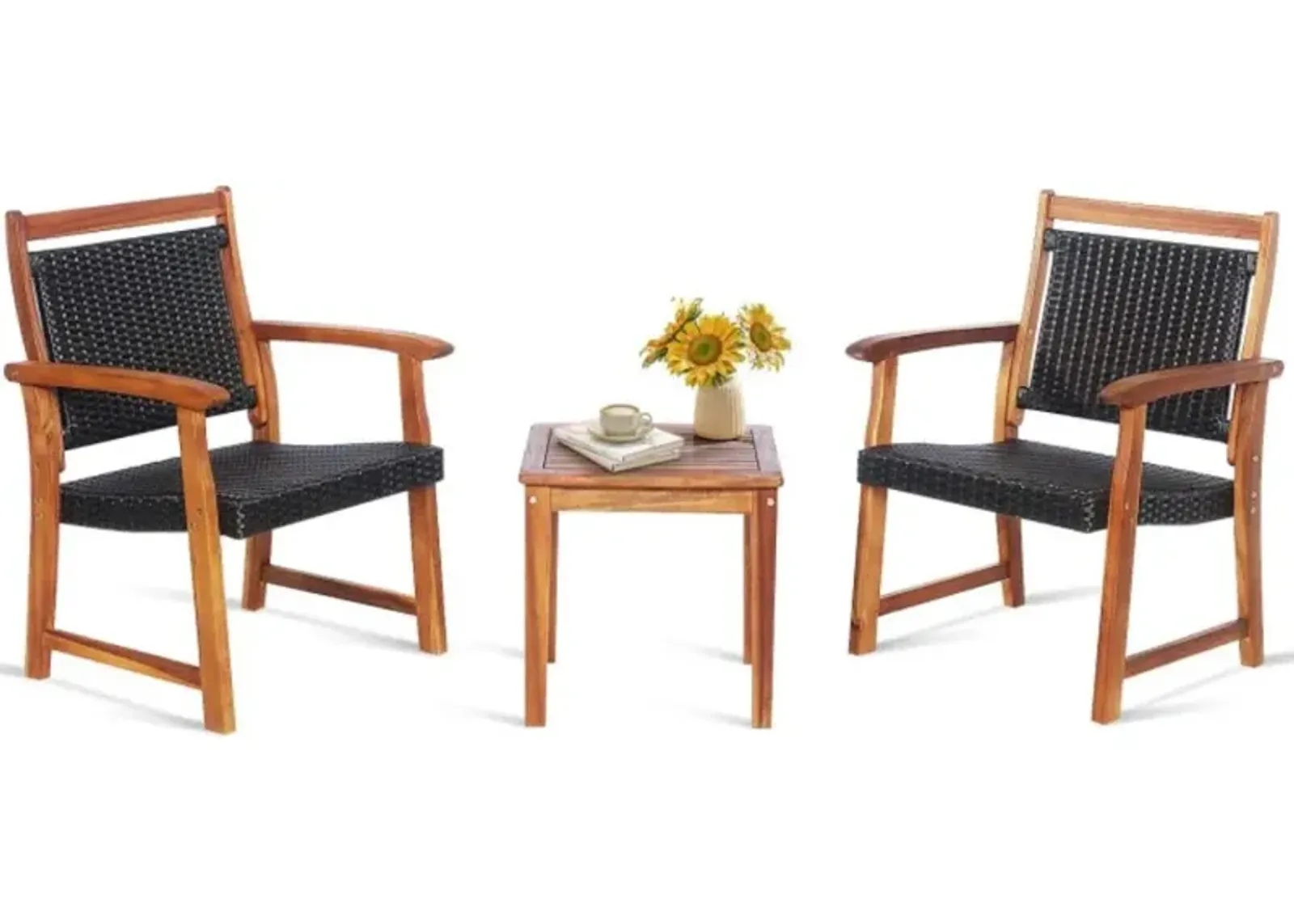 Hivvago 3 Pieces Rattan Bistro Set with Acacia Wood Frame for Garden