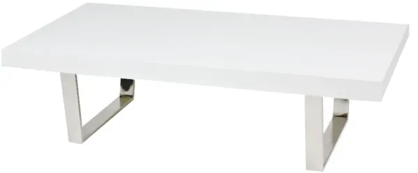 Ien 53 Inch Coffee Table, Rectangular Top, Metal Sled Legs, White, Chrome - Benzara