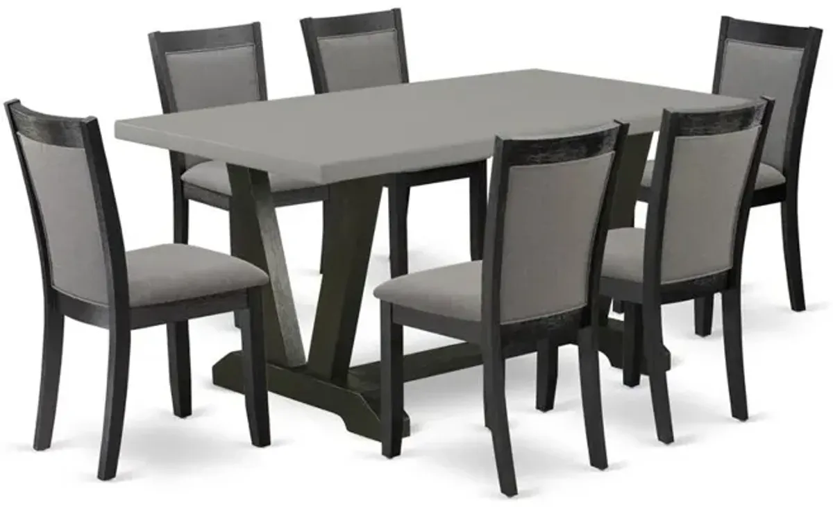 East West Furniture 7 Piece Mid Century Dining Set - A Cement Top Wood Dining Table with Trestle Base and 6 Dark Gotham Grey Linen Fabric Dining Room Chairs - Wire Brushed Black Finish