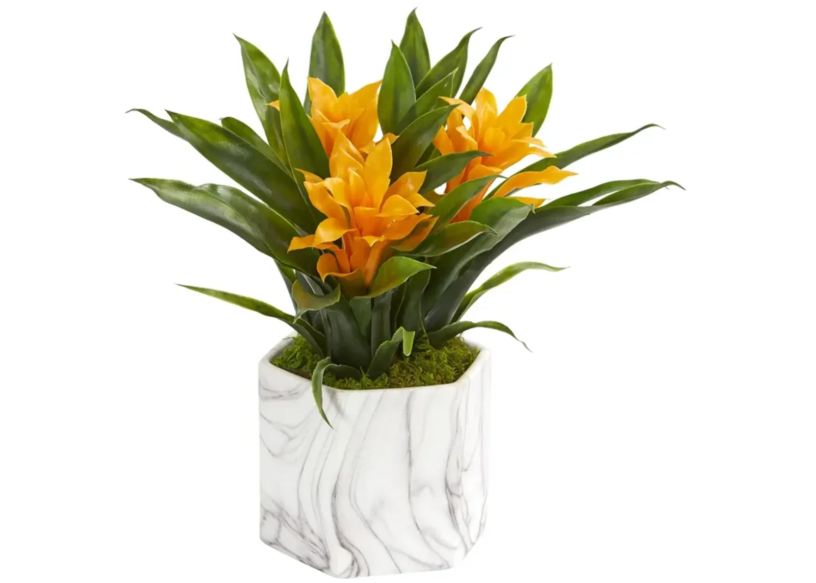 Hivvago Bromeliad Artificial Plant in Marble Finished Vase - Yellow