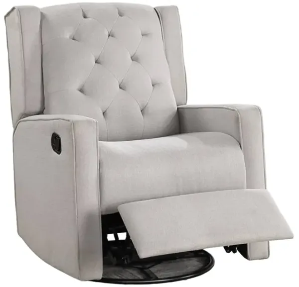 Manie Swivel Glider Manual Recliner, Solid Wood, Light Gray Burlap - Benzara