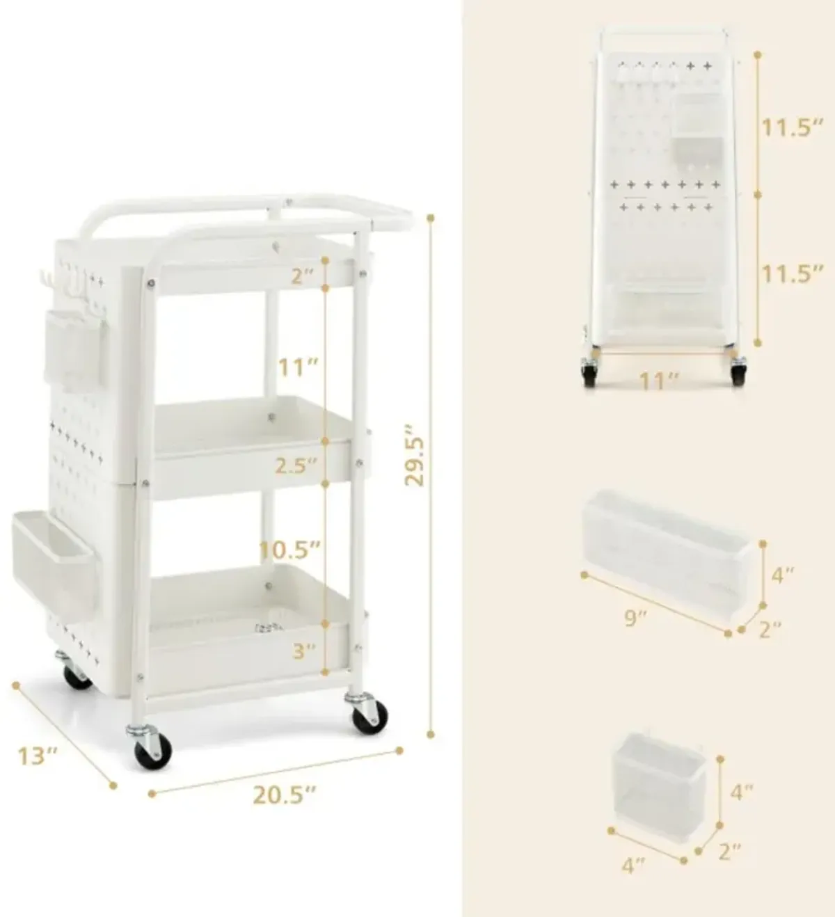 Hivvago 3-Tier Utility Storage Cart with DIY Pegboard Baskets